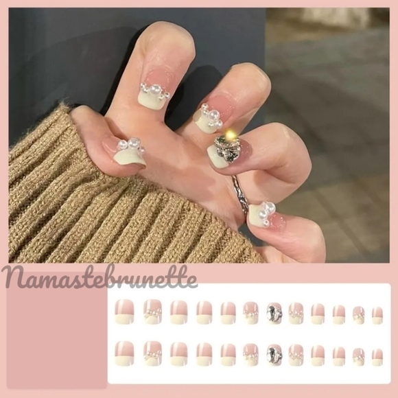 Rhinestone & Pearls French Manicure Press On Nails - Picture 6 of 8